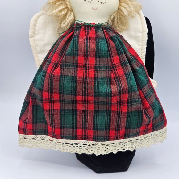 Vintage Handmade Angel Cloth Doll With Green Red Plaid Dress Lace Trim Christmas - Picture 3 of 9